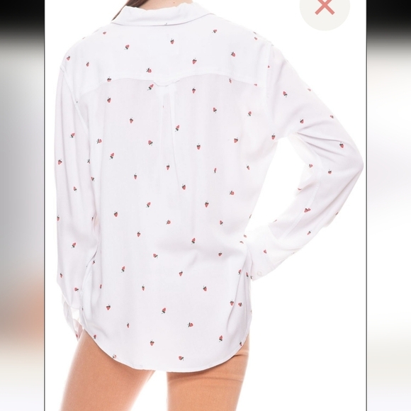 BEACH LUNCH LOUNGE Long Sleeve Button Down White Shirt Strawberry Print, M NWT - Picture 2 of 16